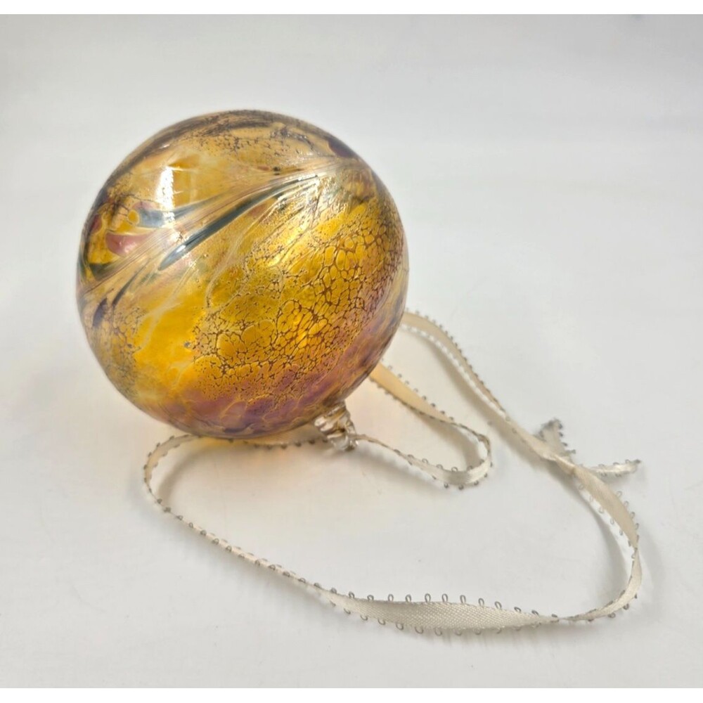 Hand Blown Art Glass Ornament Ball Gold Crackle Iridescent Swirl - Amazing